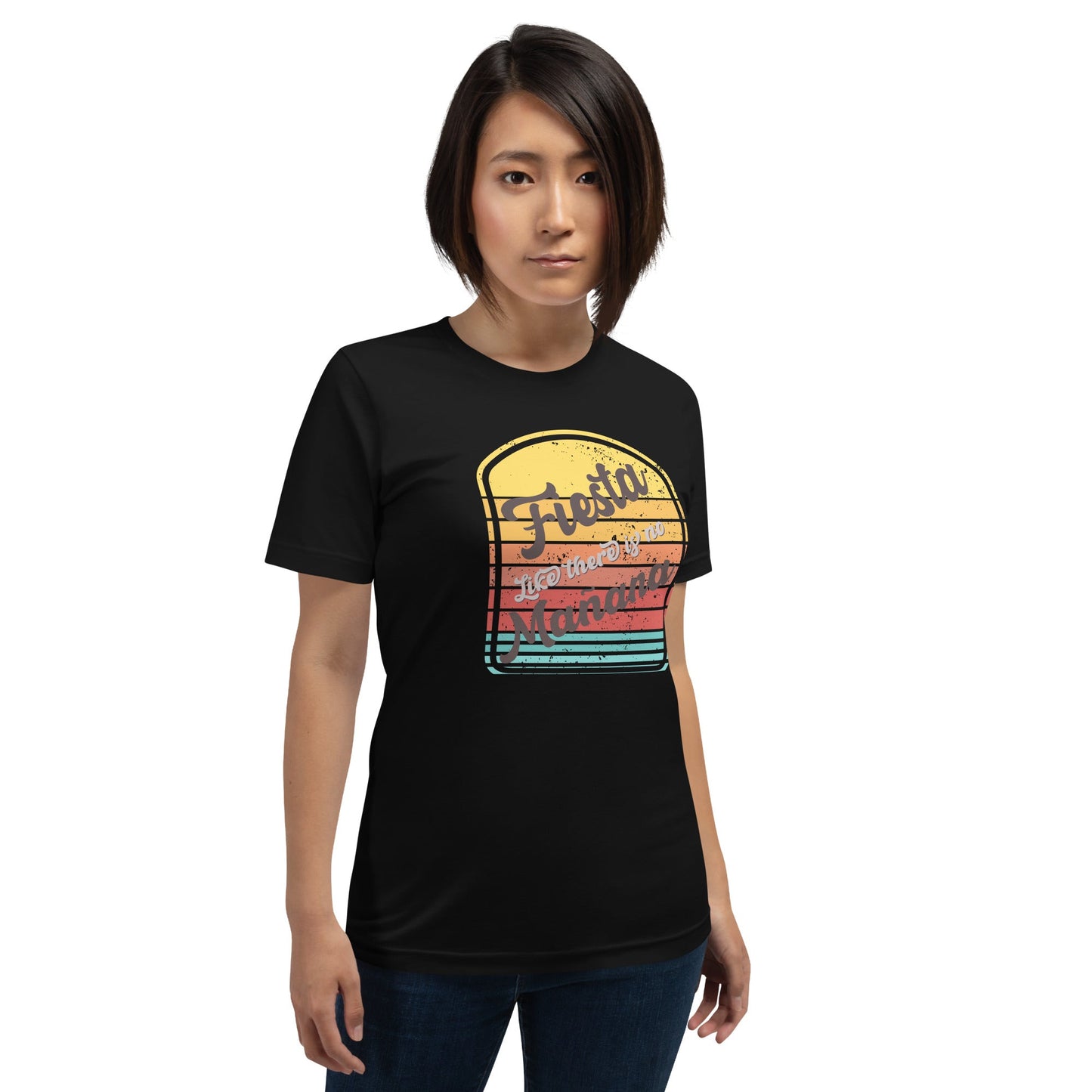Unisex black t-shirt with "Fiesta like there is no Manñana" design, soft and lightweight.