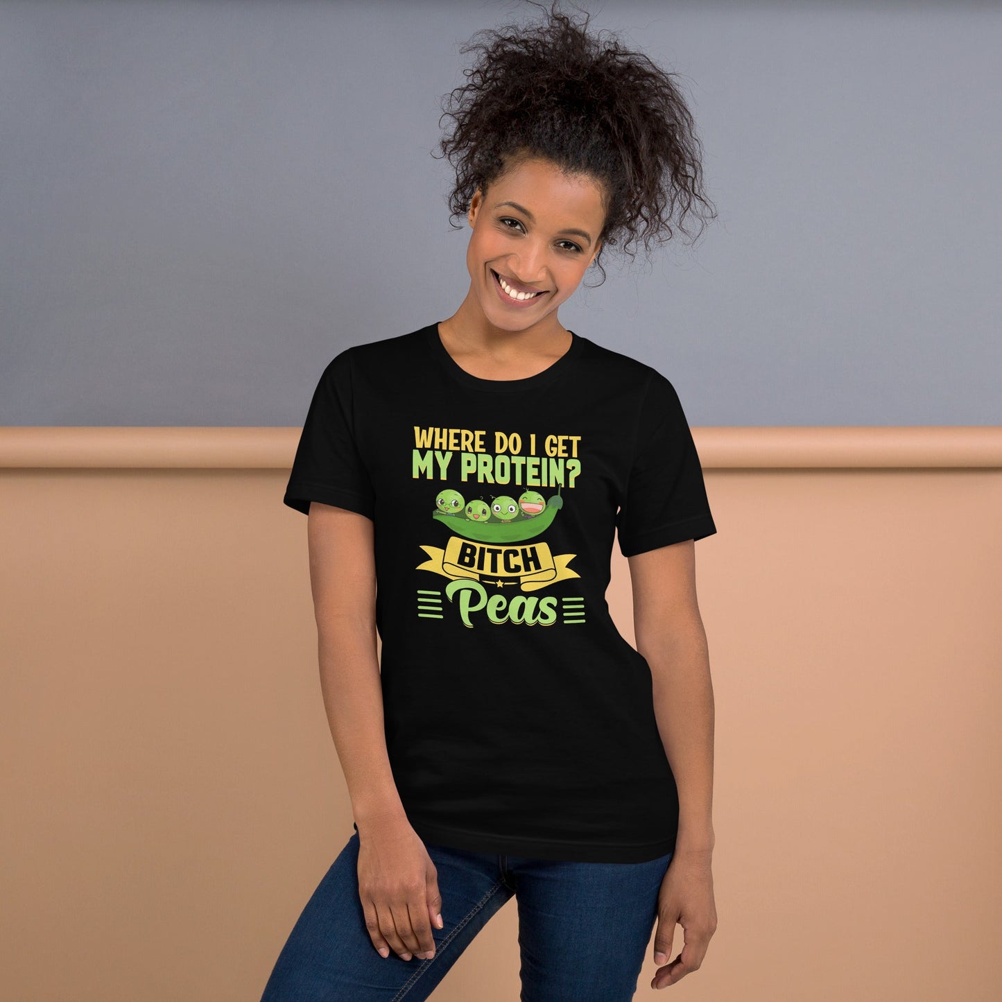 Bitch, Peas Unisex t-shirt with protein joke design, black