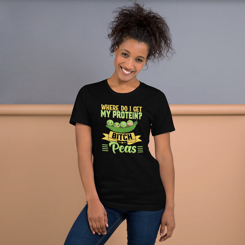 Bitch, Peas Unisex t-shirt with protein joke design, black