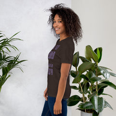 Unisex t-shirt with 'I am not Weird' purple text, soft and lightweight fabric, side view model.