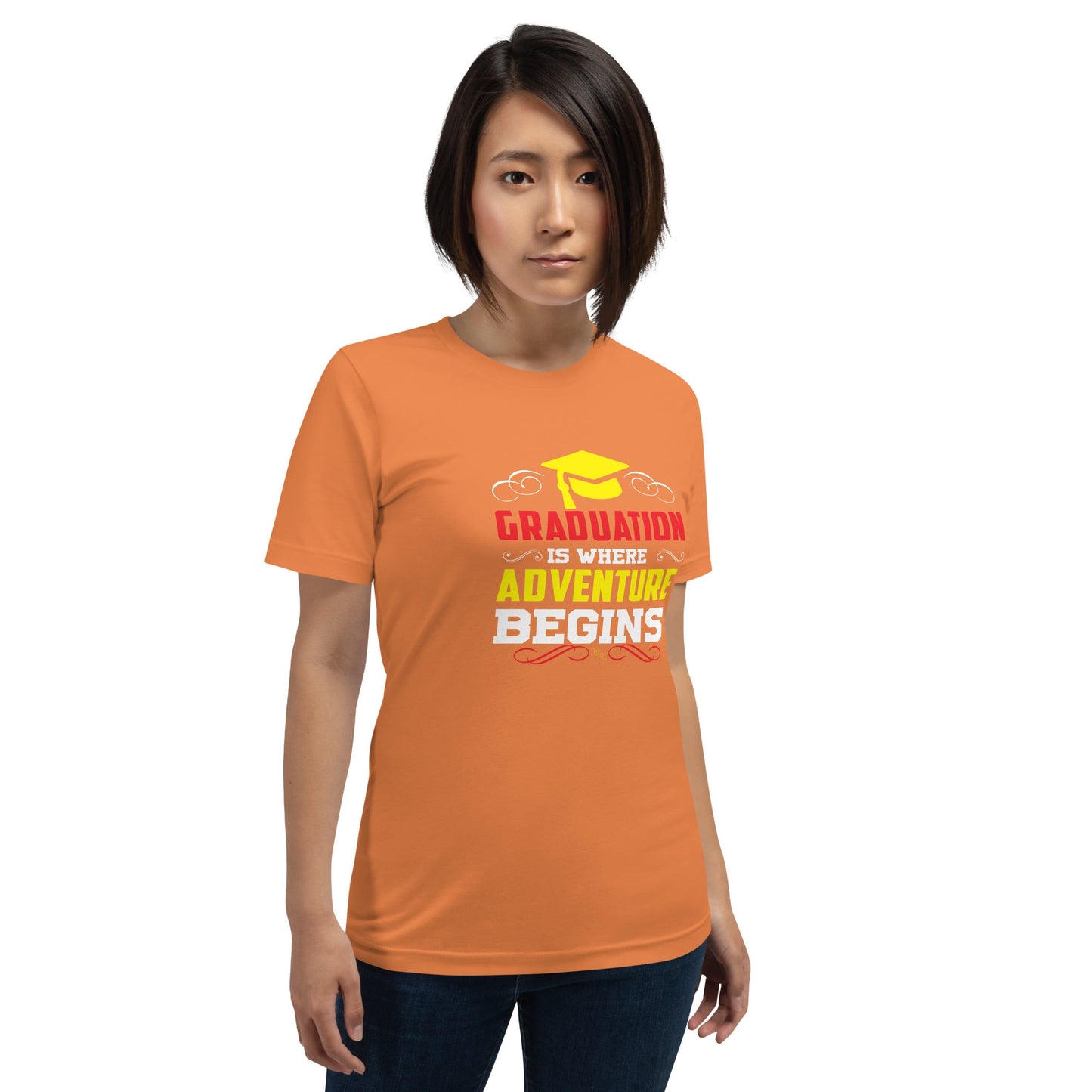 Unisex t-shirt with "Graduation is where adventure begins" slogan, perfect for comfortable and stylish wear.