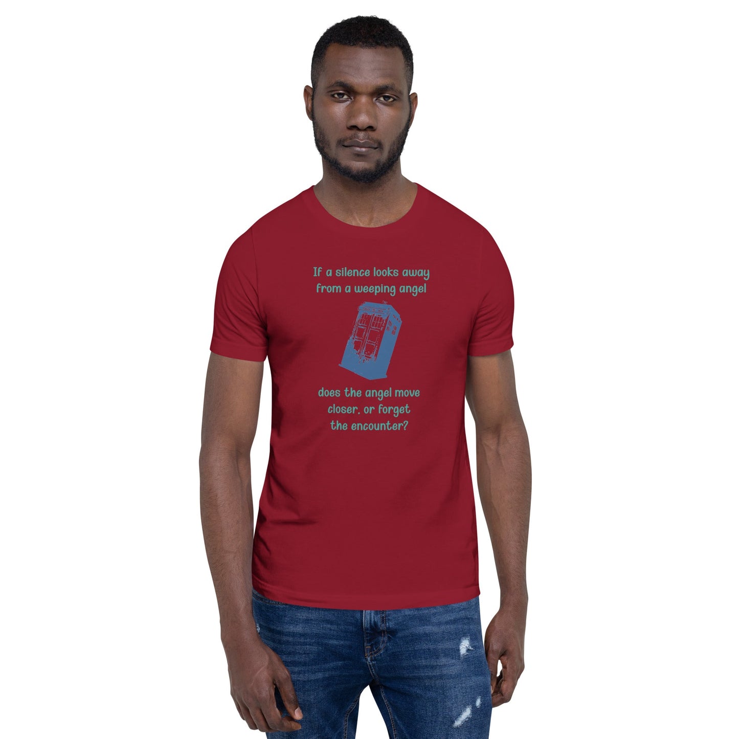 Dr Who Silence vs Weeping Angel T-shirt featuring a unique design questioning a Silence looking away from a Weeping Angel; perfect for fans of the series.