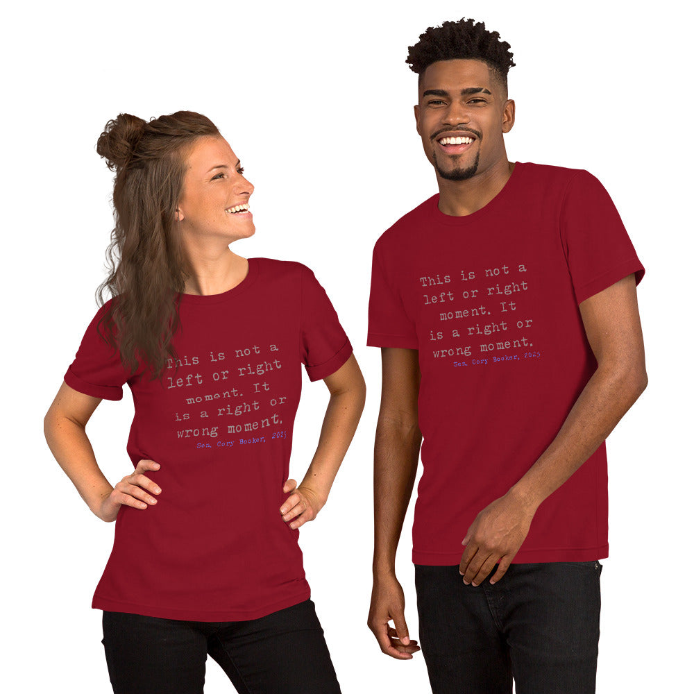 Unisex t-shirt with Cory Booker's quote, red, soft cotton.