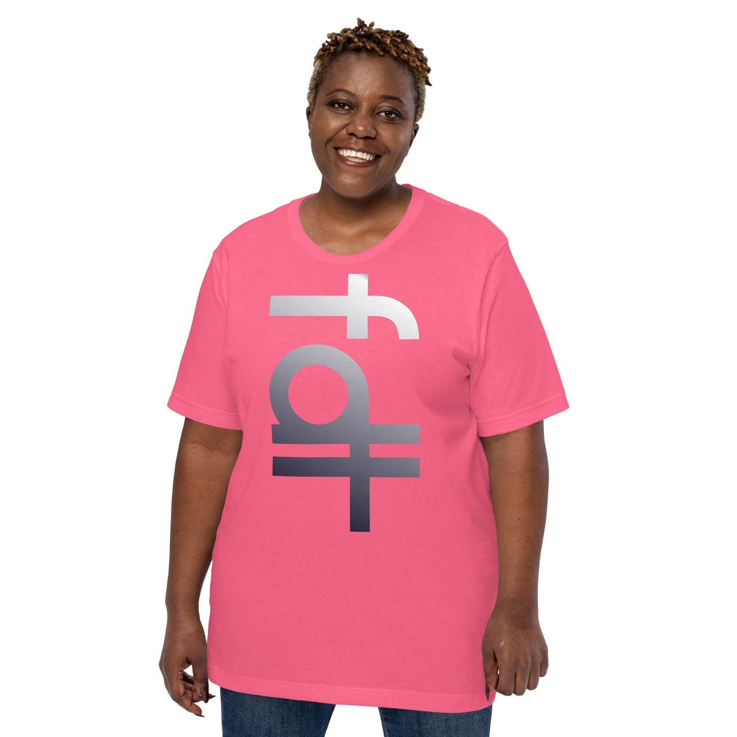 Unisex pink t-shirt with FDT portrait design, featuring soft cotton fabric and lightweight comfort.