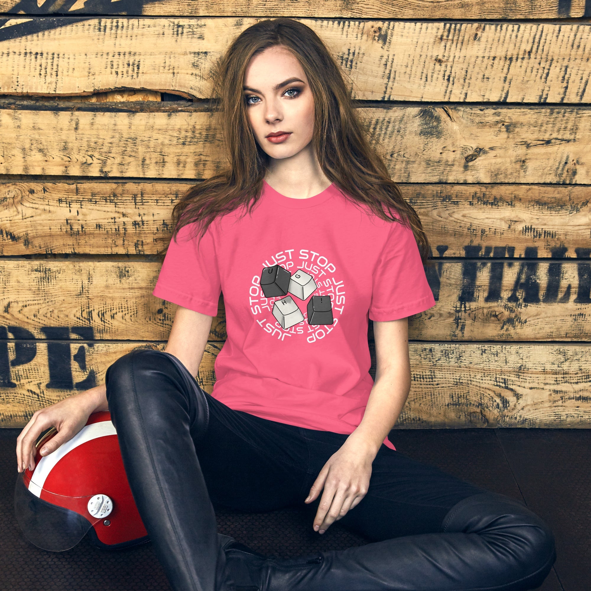 Unisex pink t-shirt with "Just stop" key cap design, soft lightweight fabric.
