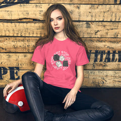 Unisex pink t-shirt with "Just stop" key cap design, soft lightweight fabric.