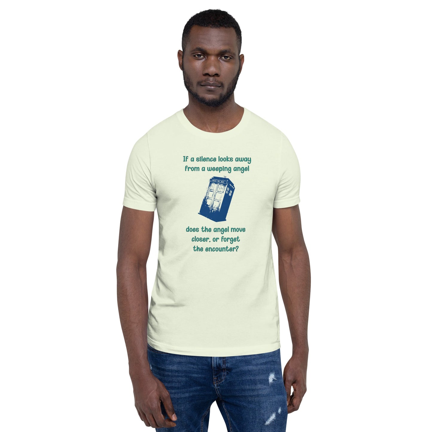 Dr Who Silence vs Weeping Angel unisex t-shirt featuring a unique design of the Silence and a Weeping Angel with a question mark in between, made of high-quality cotton.