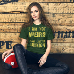 Unisex t-shirt with "I Am Not Weird" in yellow text, worn by a seated person in leather pants.