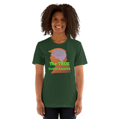 Unisex t-shirt with "The TRUE Gulf of America" print, green background, brain graphic, comfortable fit.