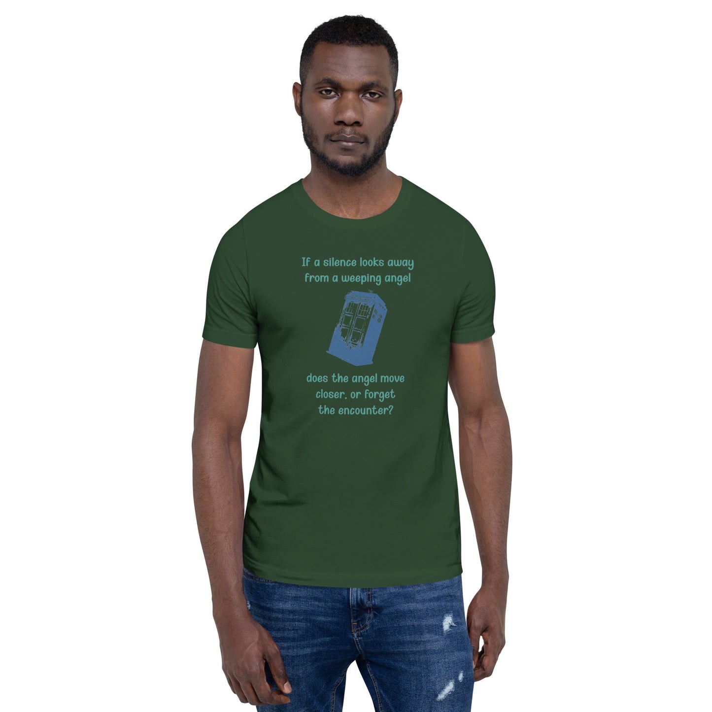 Dr Who Silence vs Weeping Angel t-shirt featuring a Weeping Angel and Silence silhouette with a thought-provoking question, on a unisex cotton tee.