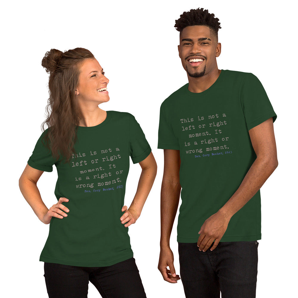 Unisex t-shirt with Cory Booker quote, soft and lightweight, available in multiple sizes.
