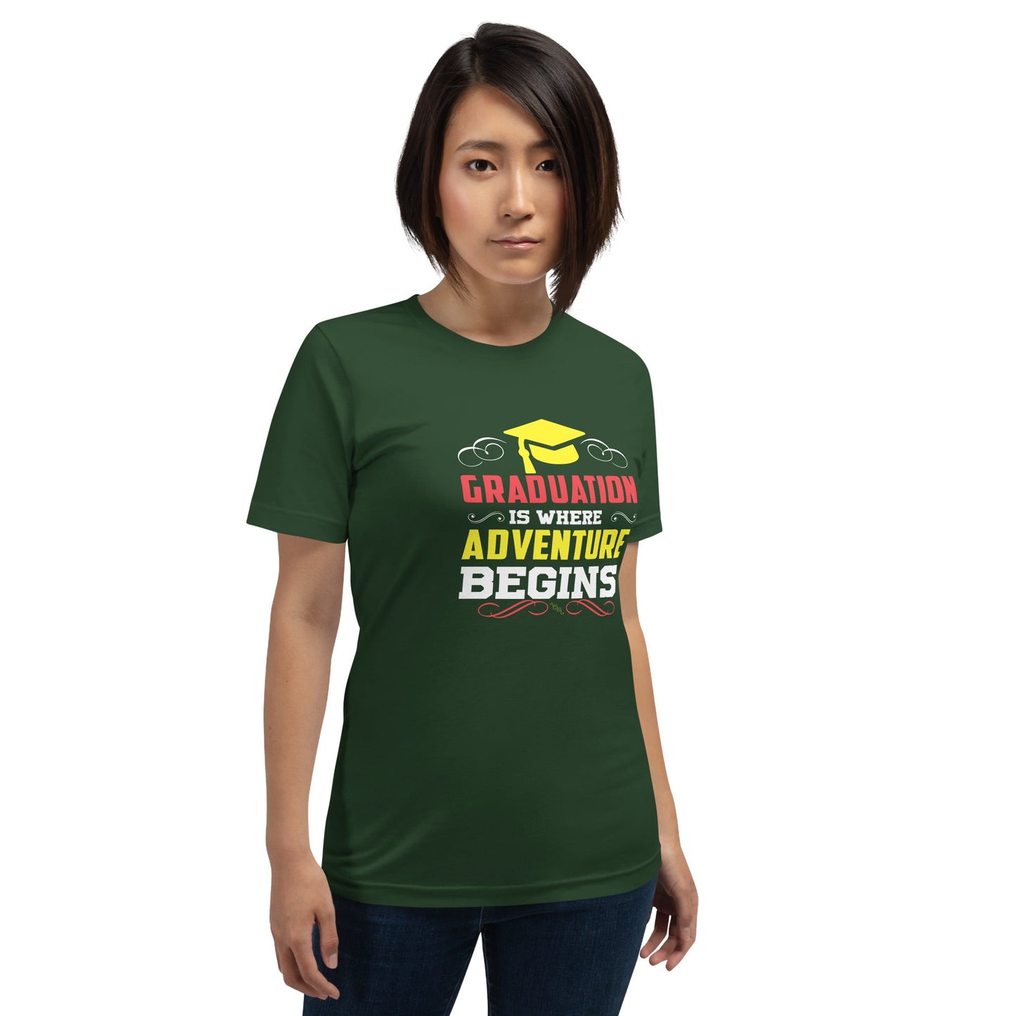 Unisex t-shirt in green with "Graduation is where adventure begins" printed on front.