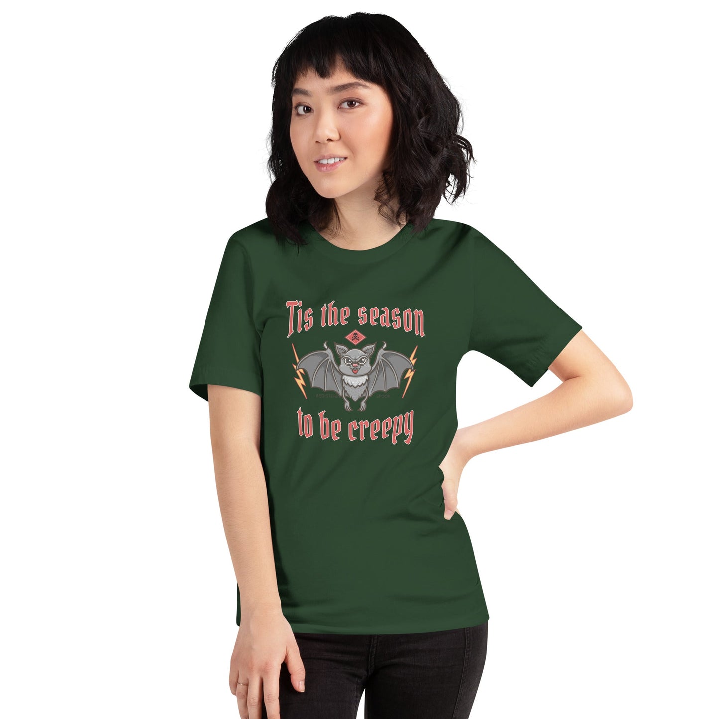 Unisex Halloween t-shirt with creepy bat design, soft and comfortable.