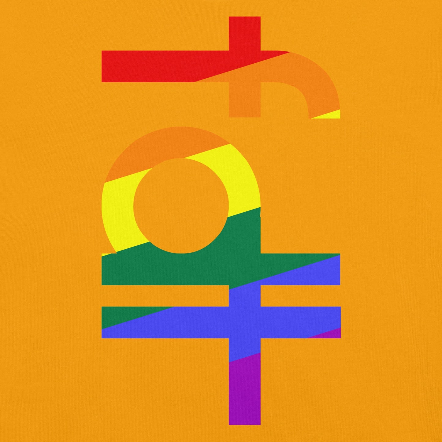 Unisex t-shirt with fdt design in pride colors on an orange background.