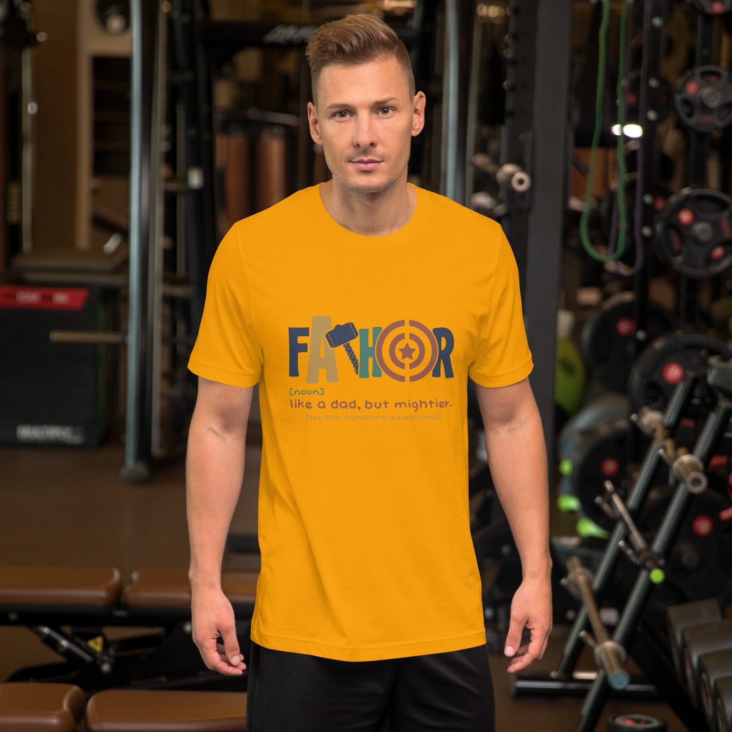 Unisex t-shirt with "Fathor - Like a dad, but mightier" graphic design, ideal for Father's Day.