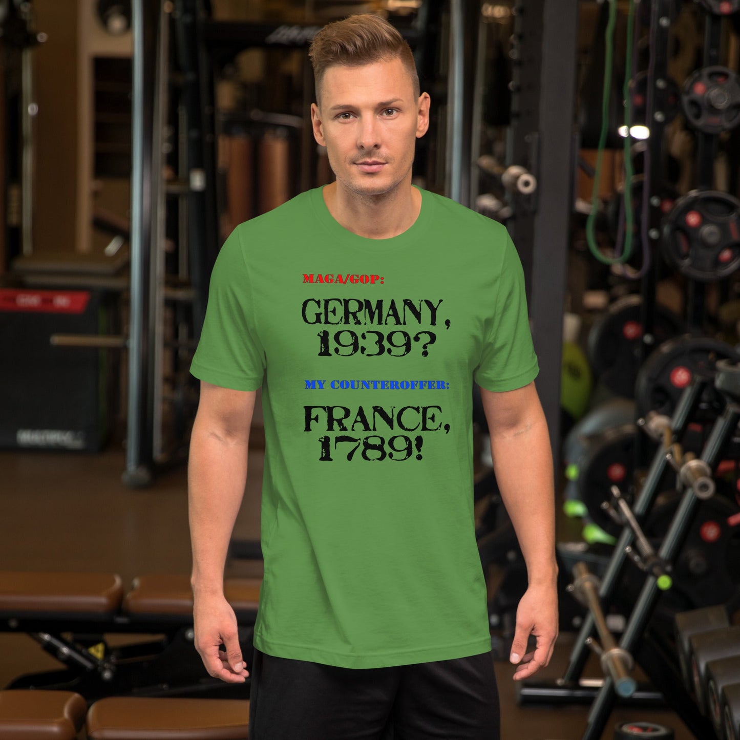 Unisex t-shirt featuring Germany and France historical dates design in gym setting.