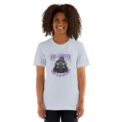 Unisex t-shirt with "What's up witches" Halloween design featuring cartoon witches.