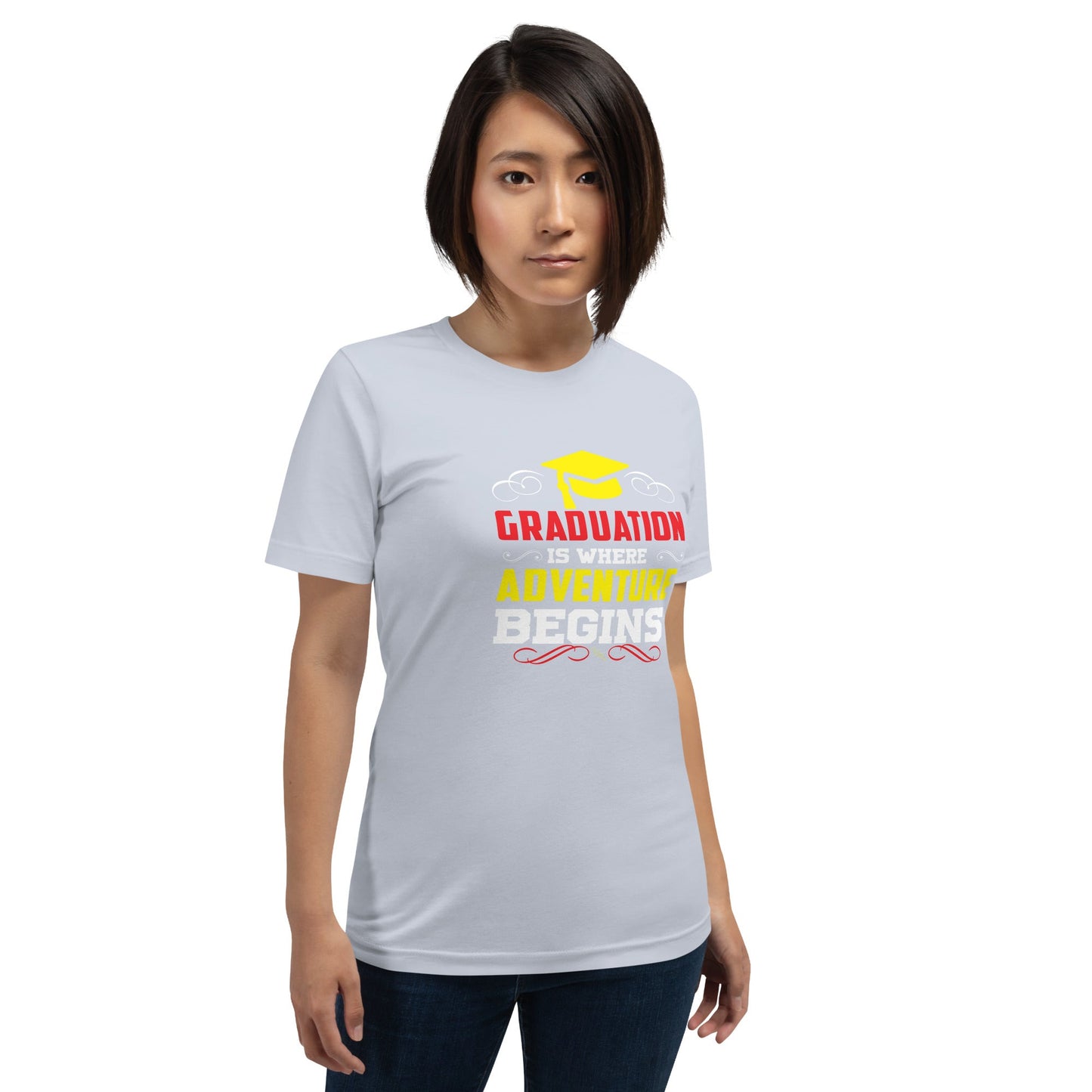 Unisex t-shirt with "Graduation is where adventure begins" design, perfect for celebrating new journeys.