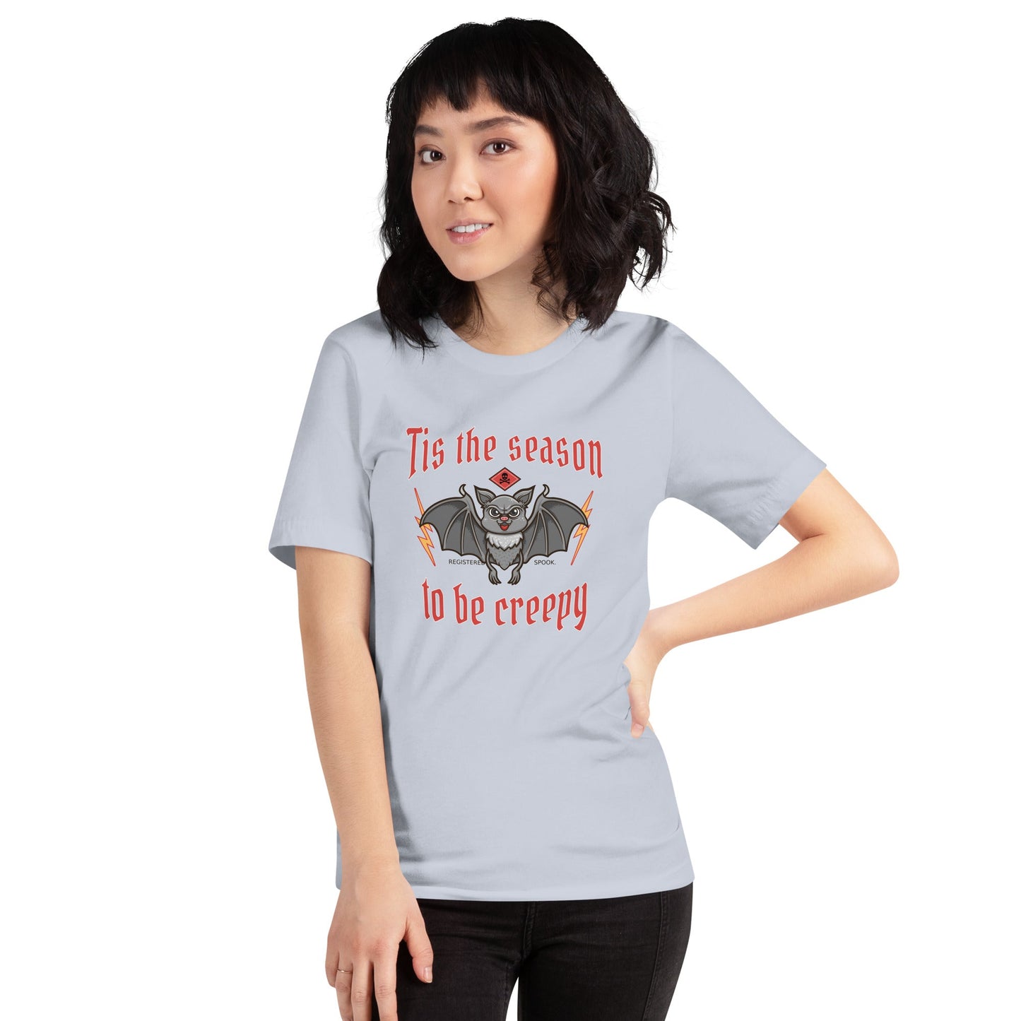 Unisex t-shirt with Halloween bat design, soft and lightweight fabric.