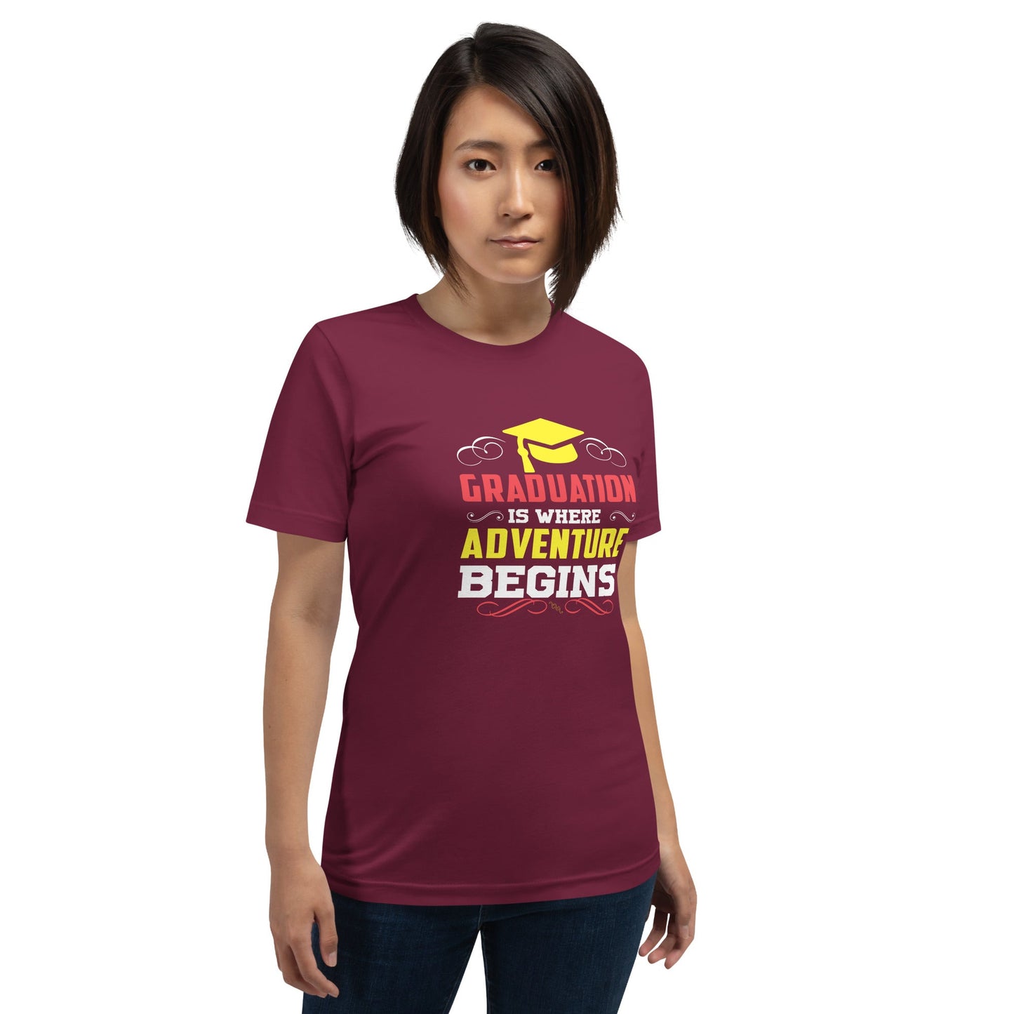 Unisex t-shirt with "Graduation is where adventure begins" design in maroon.