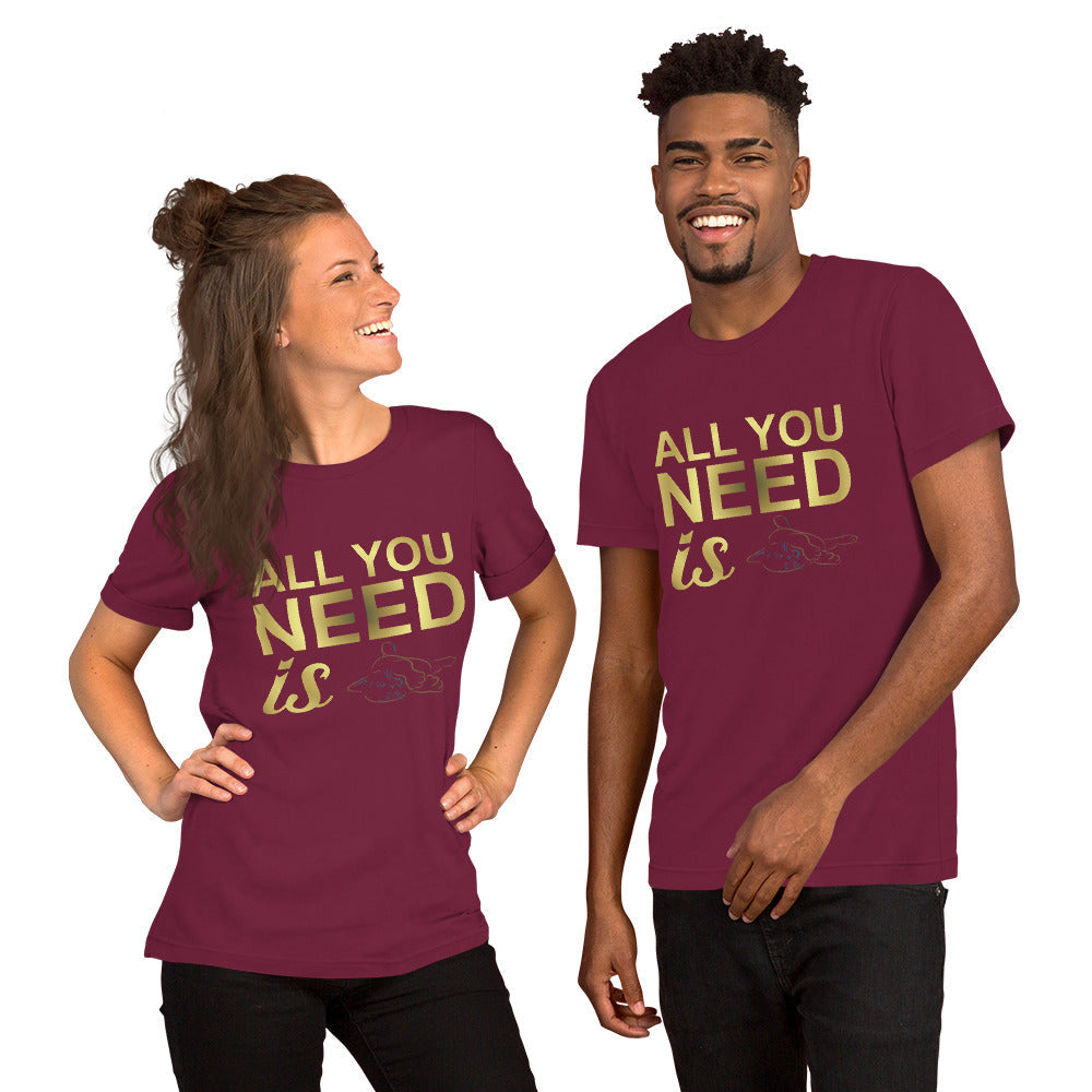 Unisex t-shirt with "All you need is cats" design, worn by two models, showcasing softness and comfortable fit.