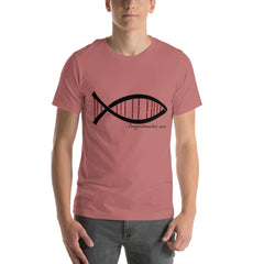 Unisex t-shirt featuring a DNA-inspired fish symbol, combining science and style on soft, comfortable fabric.