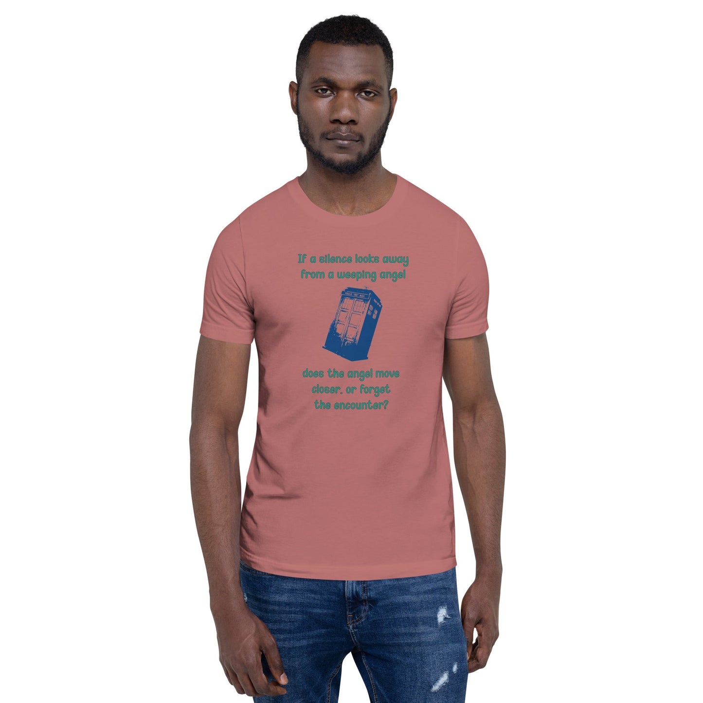Unisex t-shirt featuring Dr Who's Silence and Weeping Angel design, highlighting a science-fiction paradox.