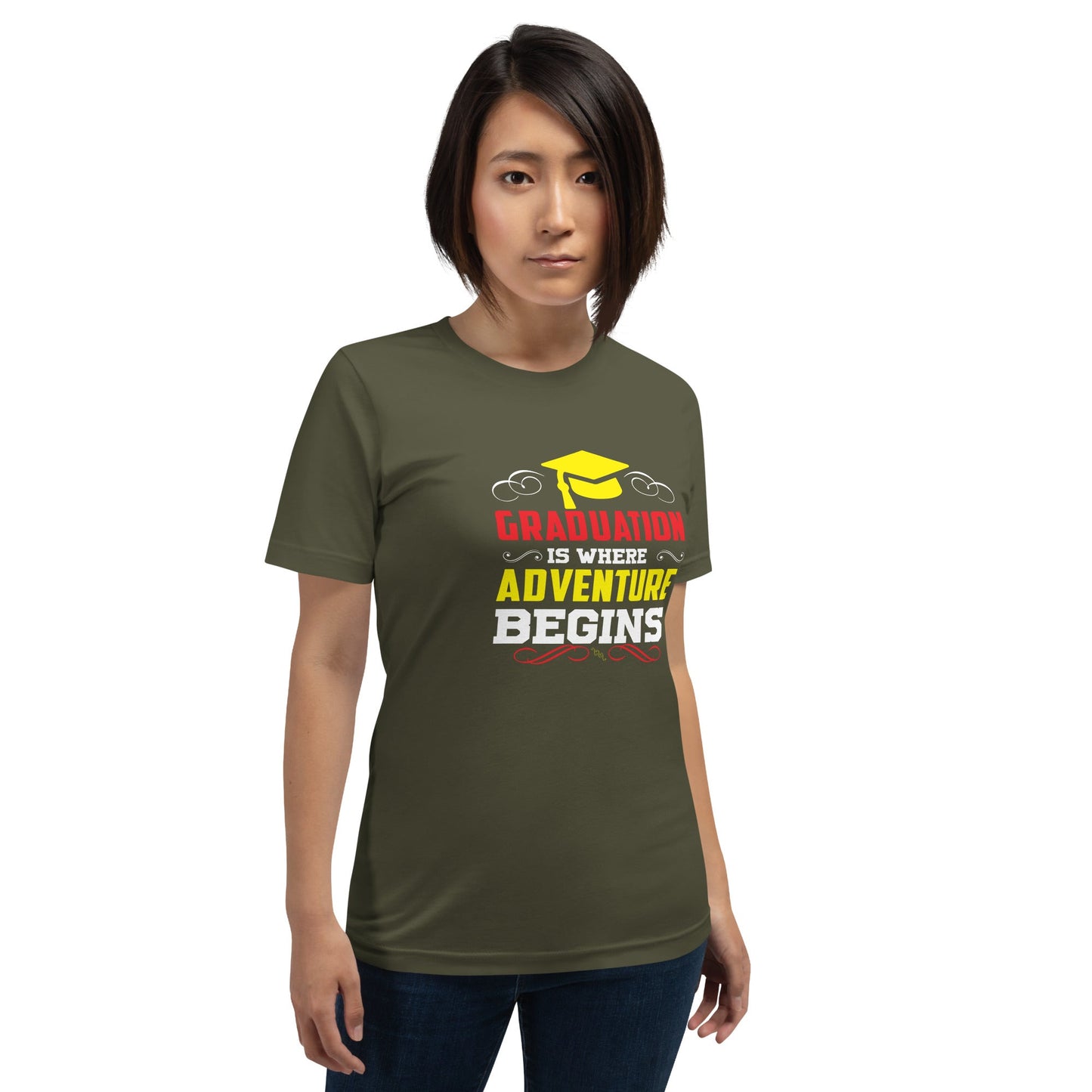 Unisex graduation t-shirt with "Graduation is where adventure begins" design.