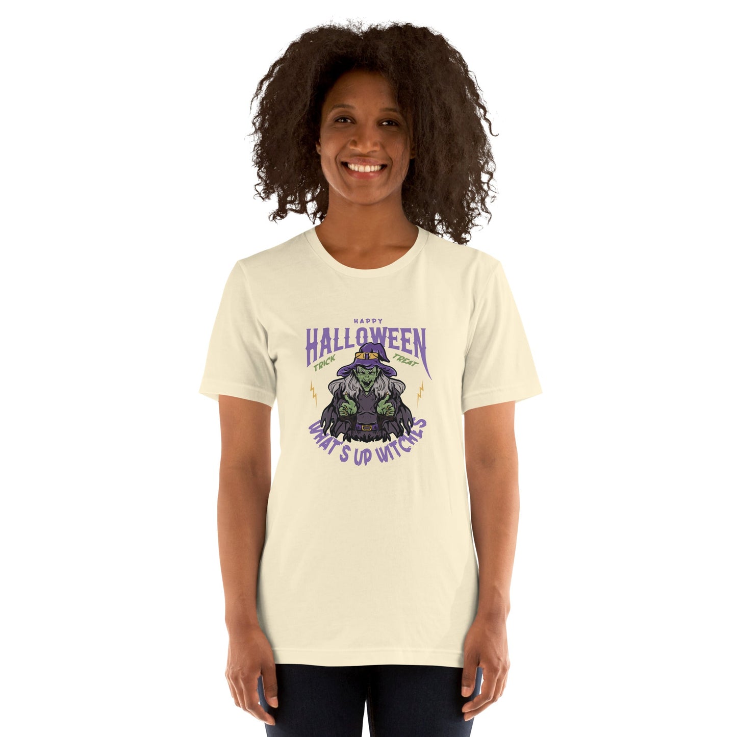 Unisex t-shirt with "What's up witches" Halloween design, featuring a lightweight and soft fabric, perfect for any occasion.