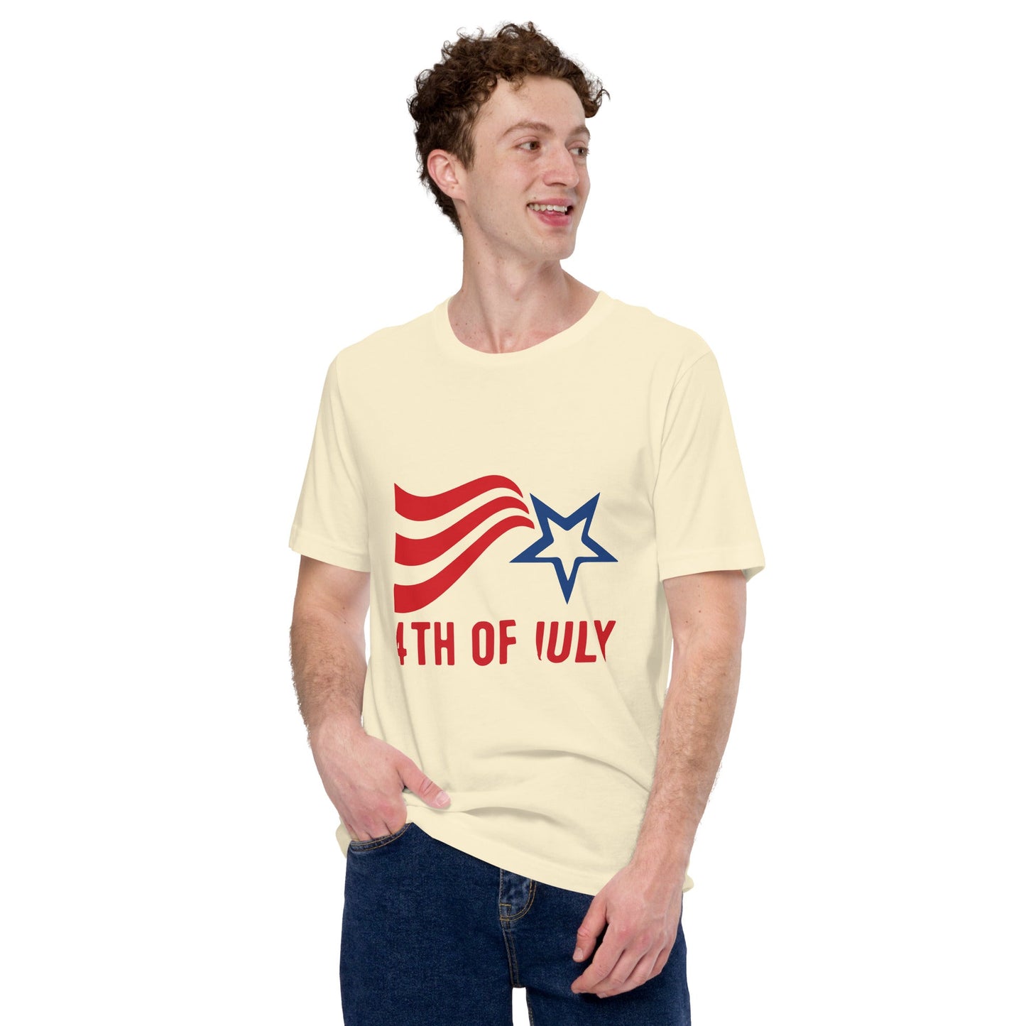 Unisex t-shirt with Fourth of July design featuring stripes and a star, perfect for celebrating Independence Day.
