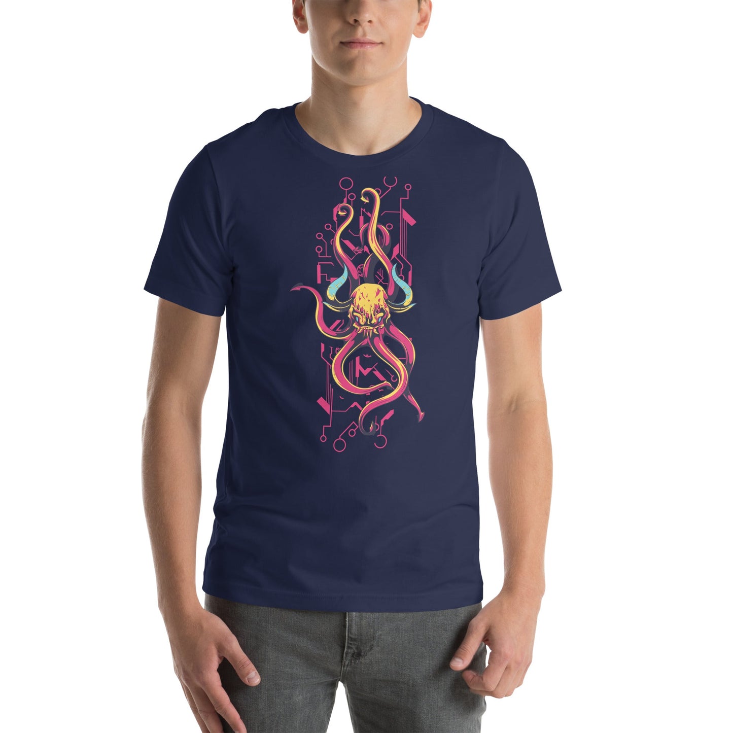 Unisex t-shirt featuring a demon skull with horns and tentacles design.