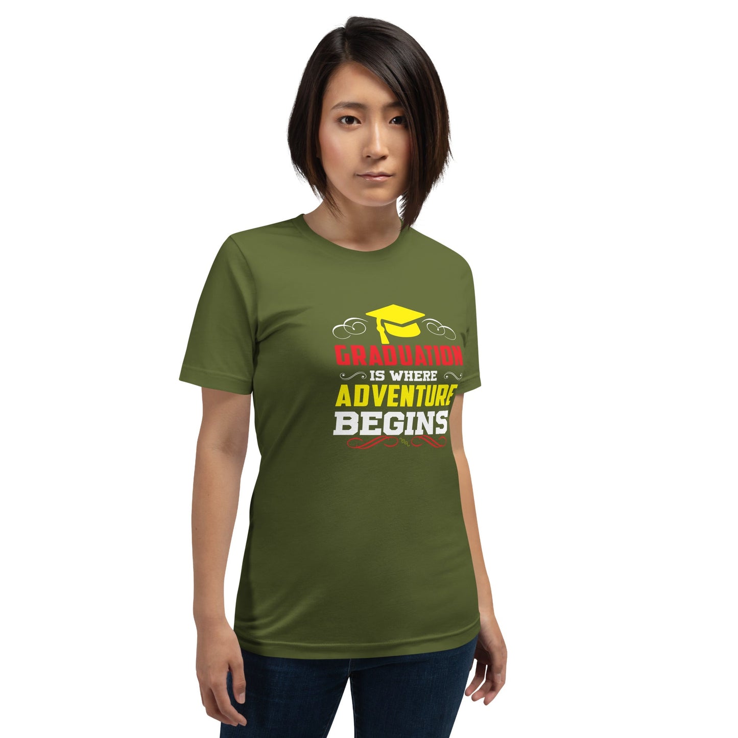 Unisex t-shirt with "Graduation is where adventure begins" design, featuring a comfortable, soft, and lightweight fabric.