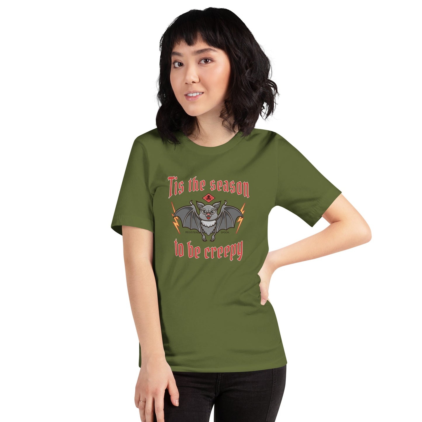 Unisex t-shirt with Halloween theme, featuring "Tis the season to be creepy" text and spooky graphic design.