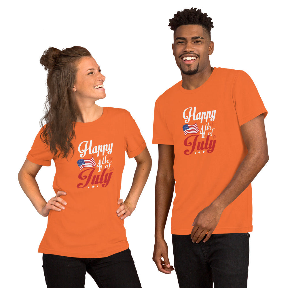Unisex t-shirt celebrating Fourth of July with festive design.