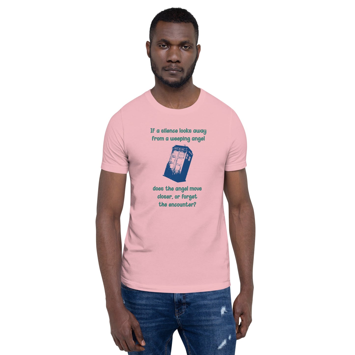 Dr Who Silence vs Weeping Angel unisex t-shirt featuring enigmatic design with question mark, perfect for fans.