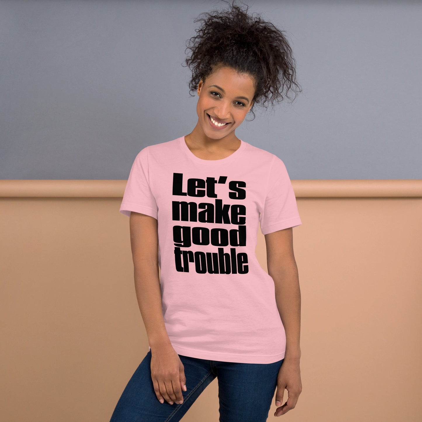 Unisex black t-shirt featuring "Let's Make Good Trouble" quote by Cory Booker, soft and lightweight, benefiting progressive causes.