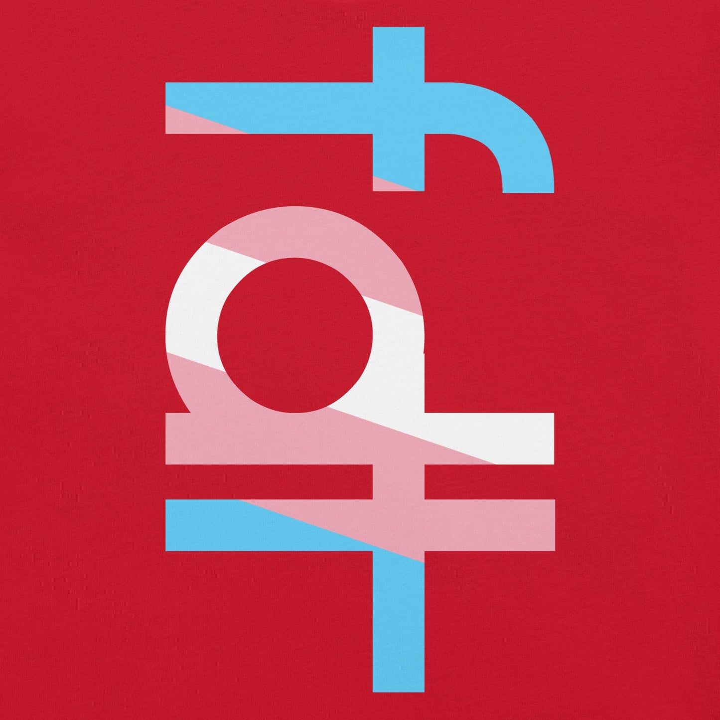 Unisex t-shirt with abstract design featuring trans flag colors on a red background.