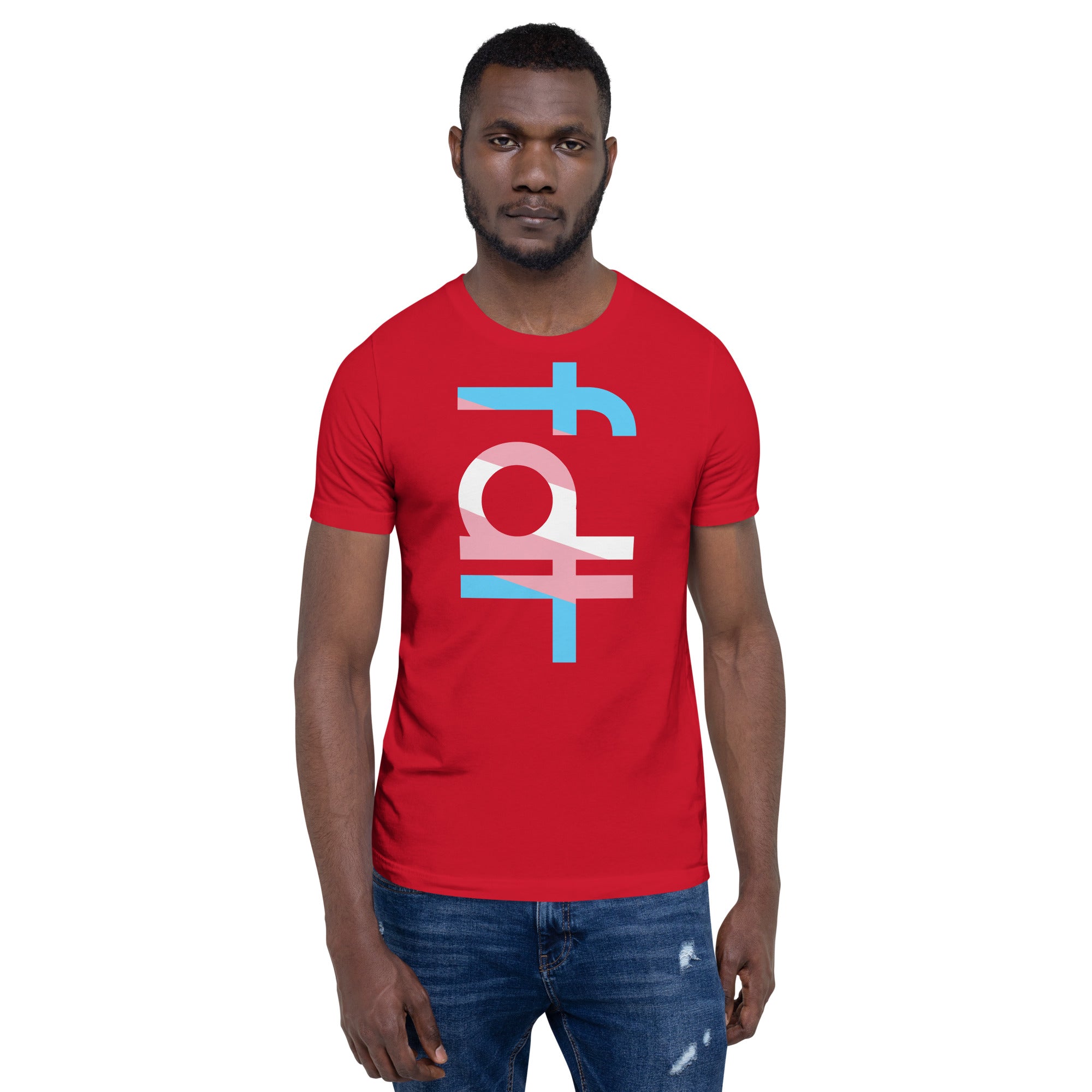 Unisex t-shirt featuring trans flag colors design.