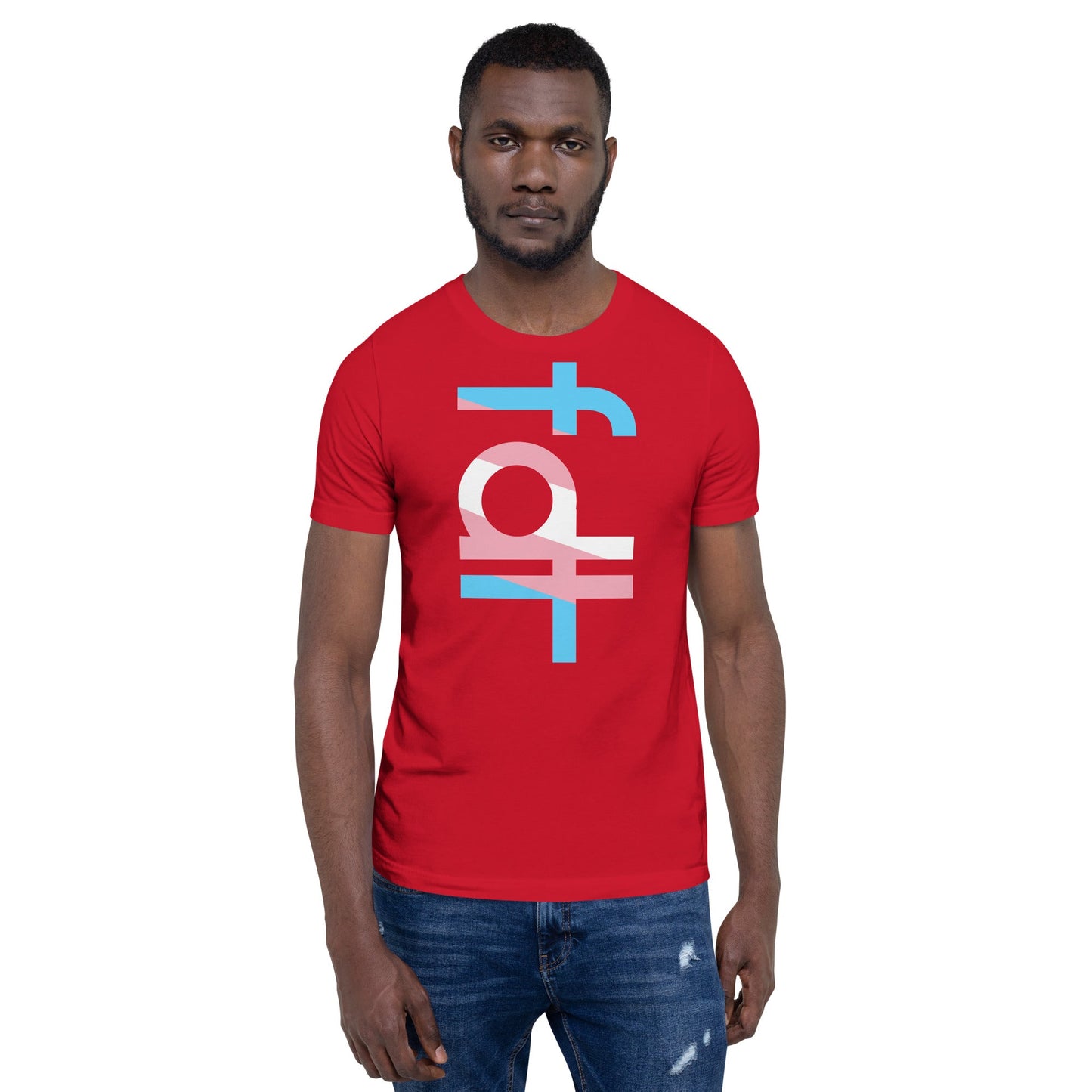 Unisex t-shirt featuring trans flag colors design.