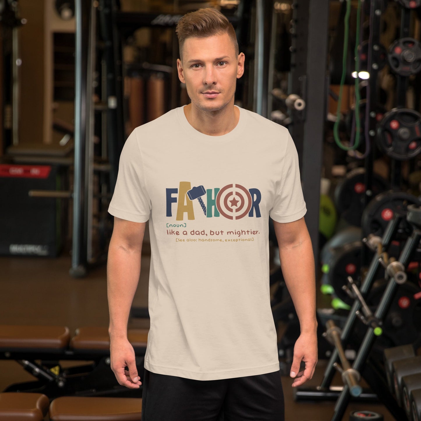 Light unisex t-shirt with "Fathor - Like a dad, but mightier" design, perfect for Father's Day.
