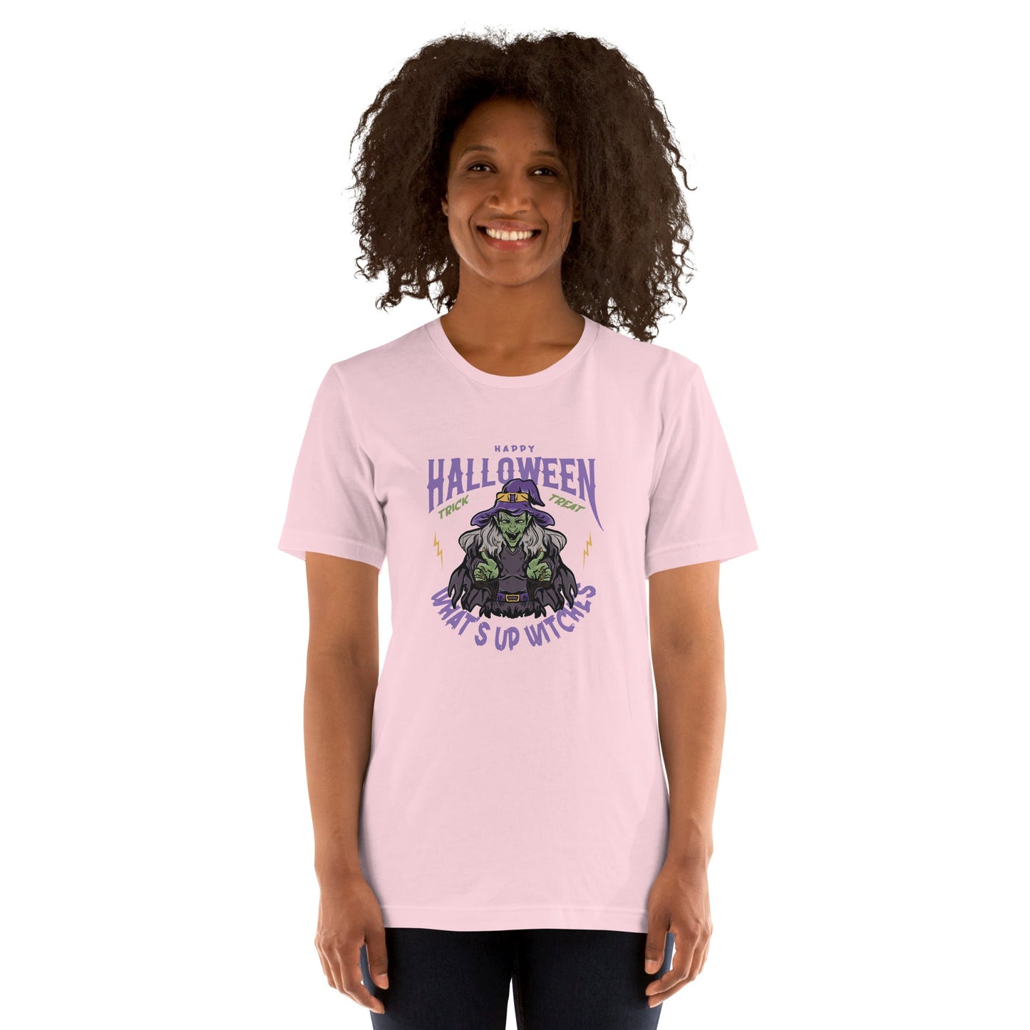 Unisex t-shirt with "What's up witches" Halloween design, soft and lightweight.