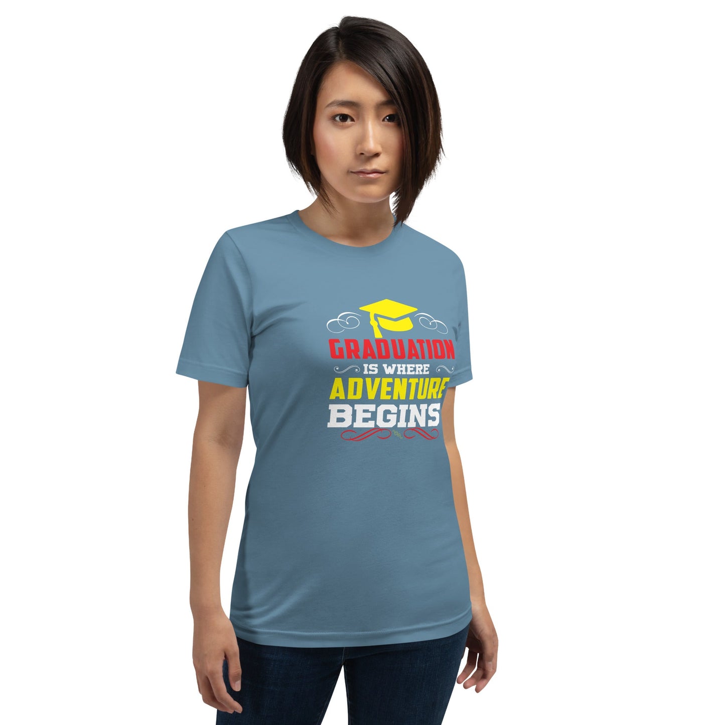 Unisex t-shirt with "Graduation is where adventure begins" design, soft and lightweight, available in various sizes.
