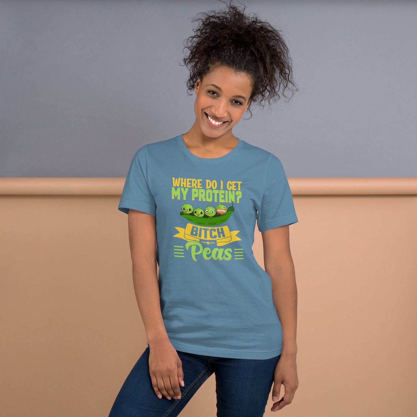 Unisex t-shirt with "Where do I get my protein? Bitch, Peas" design, comfortable cotton fabric, perfect fit for all.
