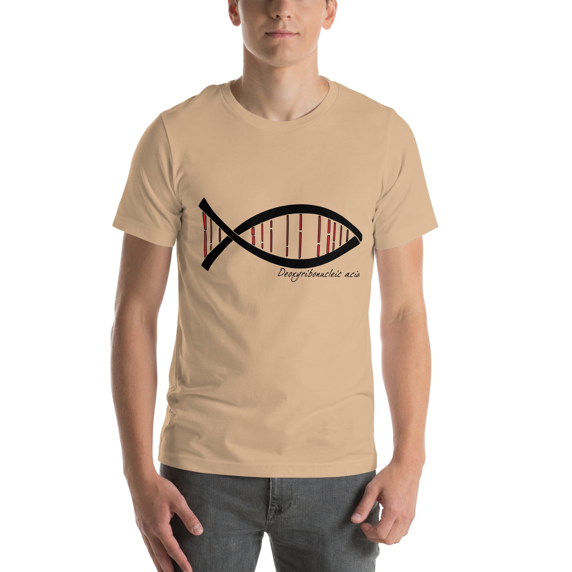 Unisex t-shirt featuring a DNA fish design, symbolizing science and rationality.