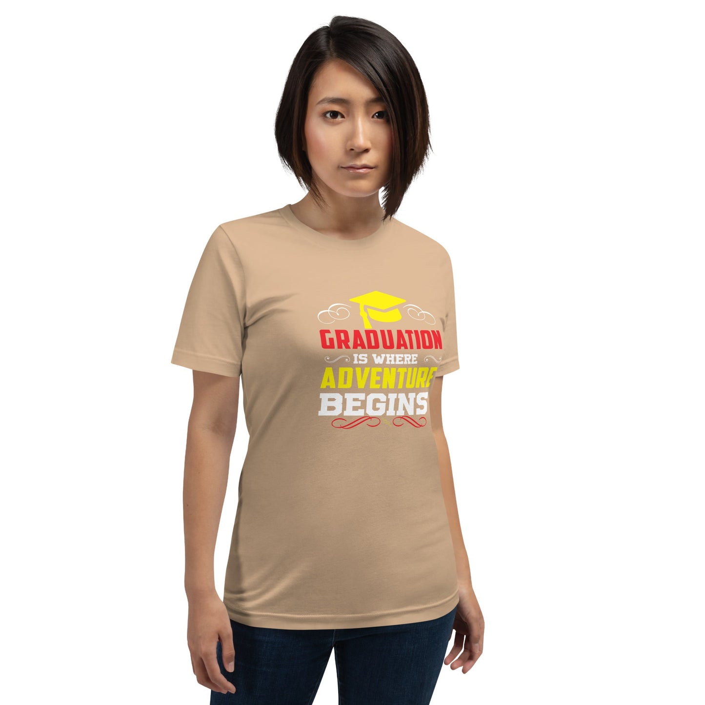 Unisex t-shirt with "Graduation is where adventure begins" design.