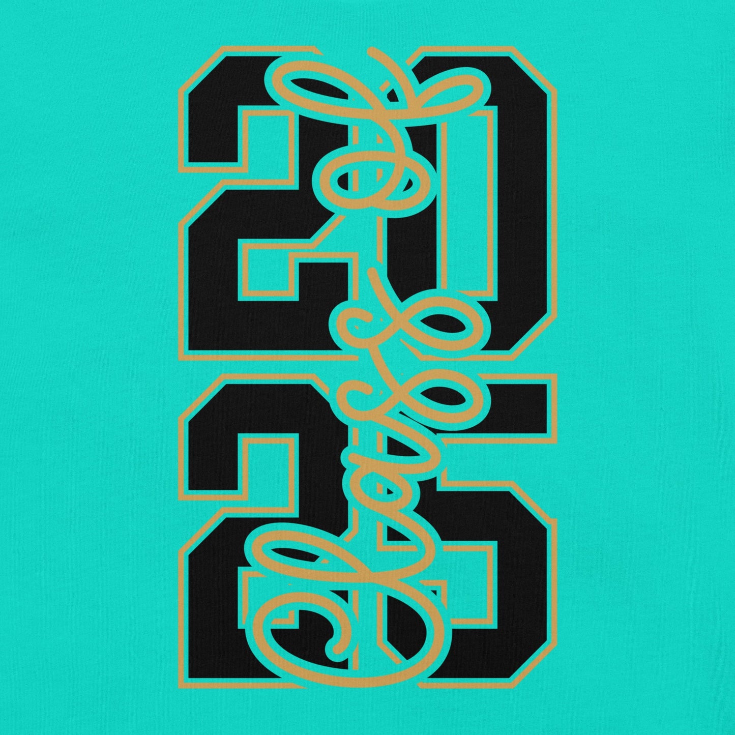 Class of 2026 vertical design on unisex t-shirt in teal color.