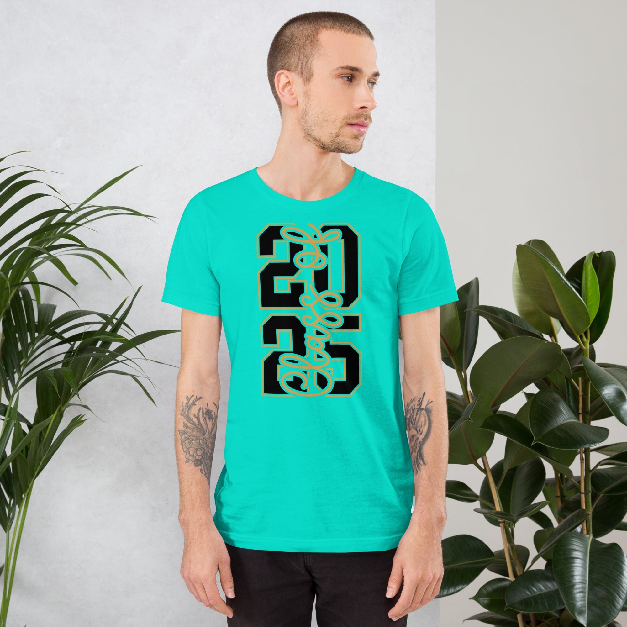 Unisex T-shirt featuring "Class of 2026" vertical design, soft turquoise fabric.