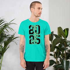 Unisex T-shirt featuring "Class of 2026" vertical design, soft turquoise fabric.