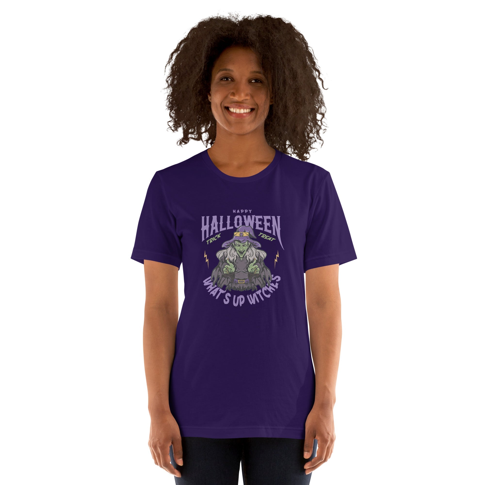 Unisex t-shirt with "What's up witches" design, featuring a Halloween print, soft and lightweight fabric.