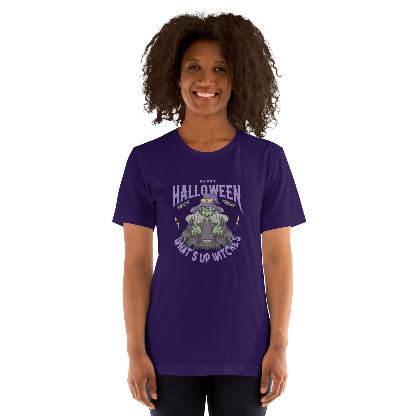 Unisex t-shirt with "What's up witches" design, featuring a Halloween print, soft and lightweight fabric.